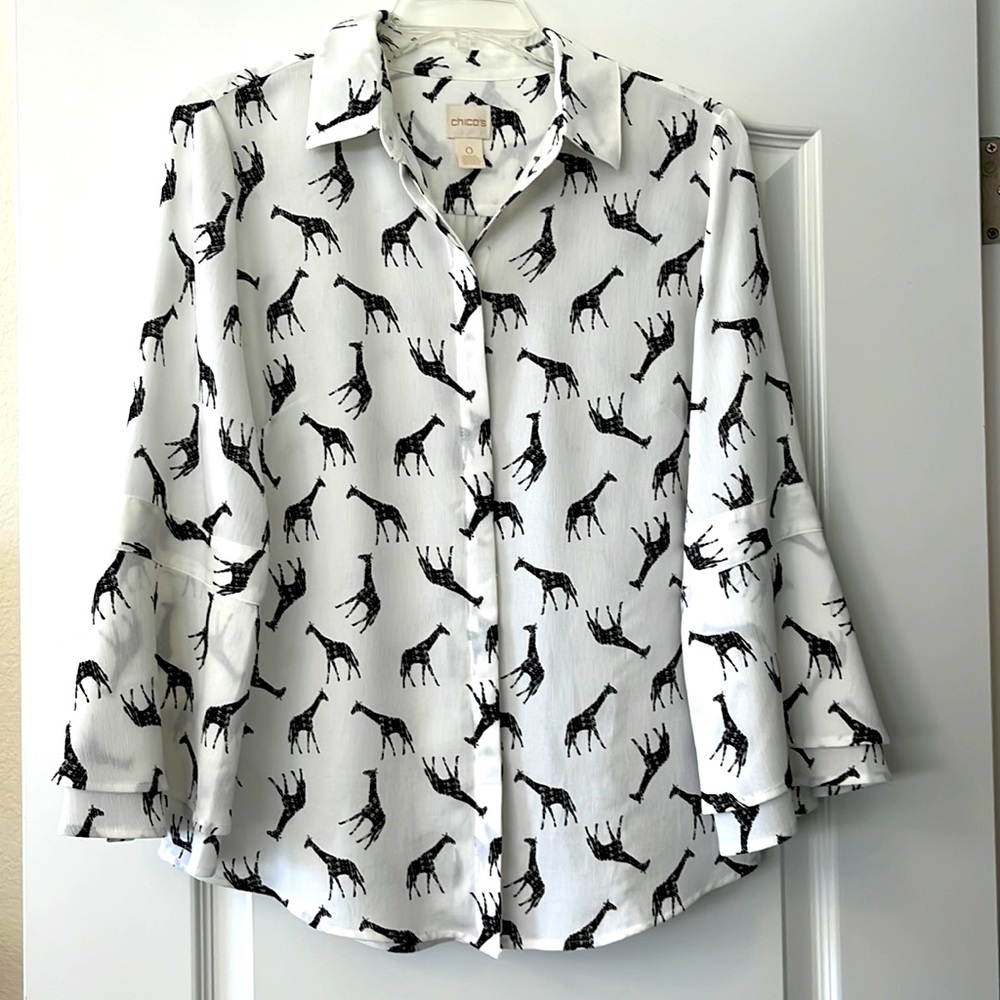 Giraffe Print Bell Sleeve Button Down Top by Chicos
